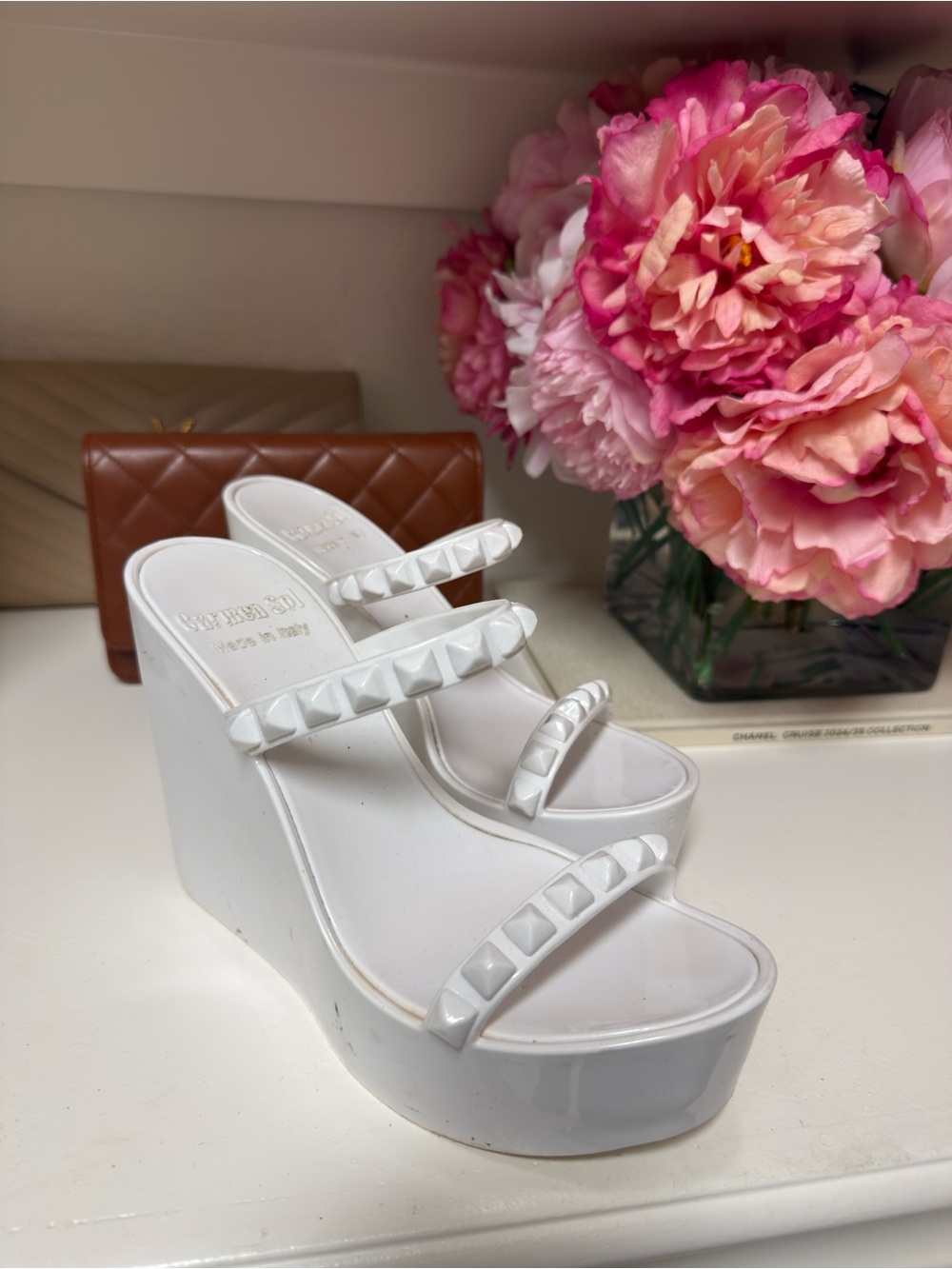White Studded Triple-Strap Platform Wedge Sandals
